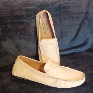 Scandia Woods White Leather Slip-On Loafers Mens Size 9.5 Driving Shoes New